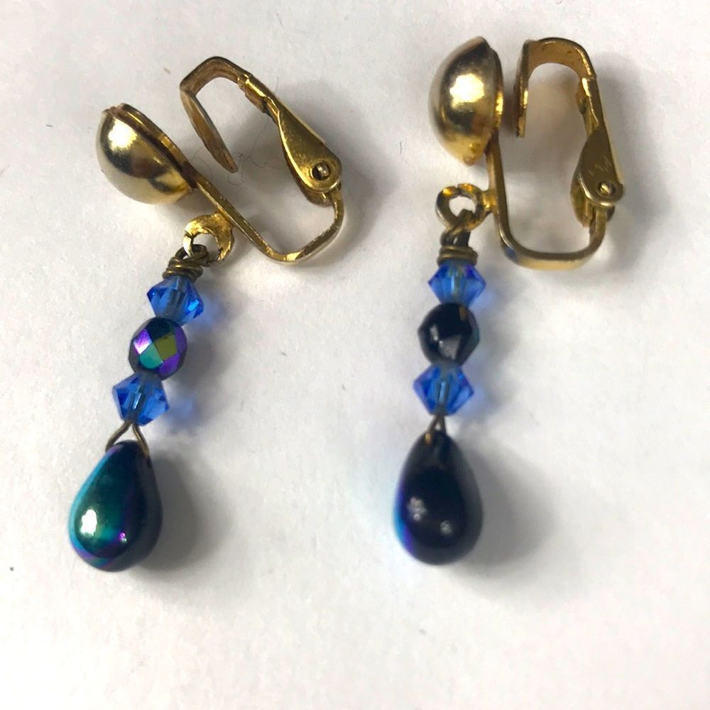 Vintage Earrings Blue And Tone Gold